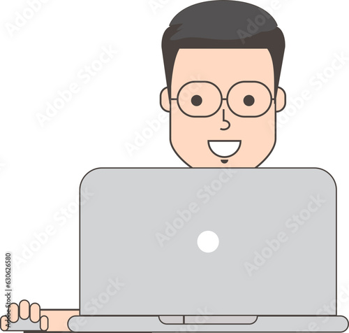Vector cartoon man half body using laptop