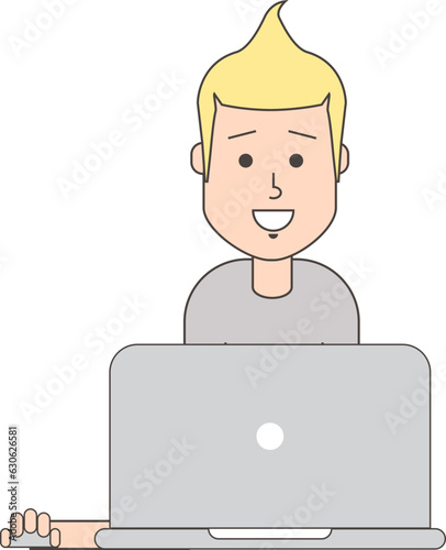 Vector cartoon man half body using laptop