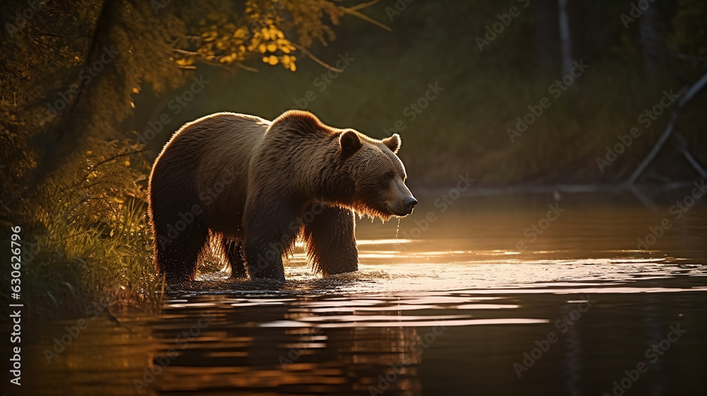Brown bear grizzly at lake in Alaska - obrazy, fototapety, plakaty 
