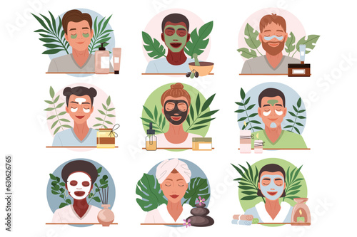 Spa avatars icons in the flat cartoon design. Men and women relax at various spa treatments. Vector illustration.