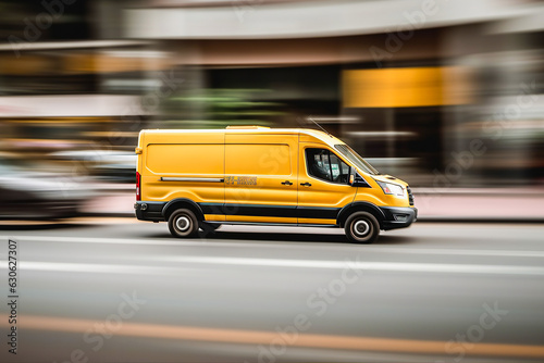 Cargo van with parcels driving in the city. © bedya