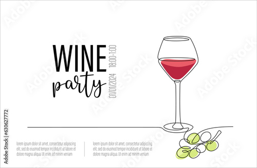 Continuous one line drawing of glass with wine and grape. Single line drawing of wineglass, glassware for alcohol with place for text Lineart style for wine tasting event, menu, poster, banner
