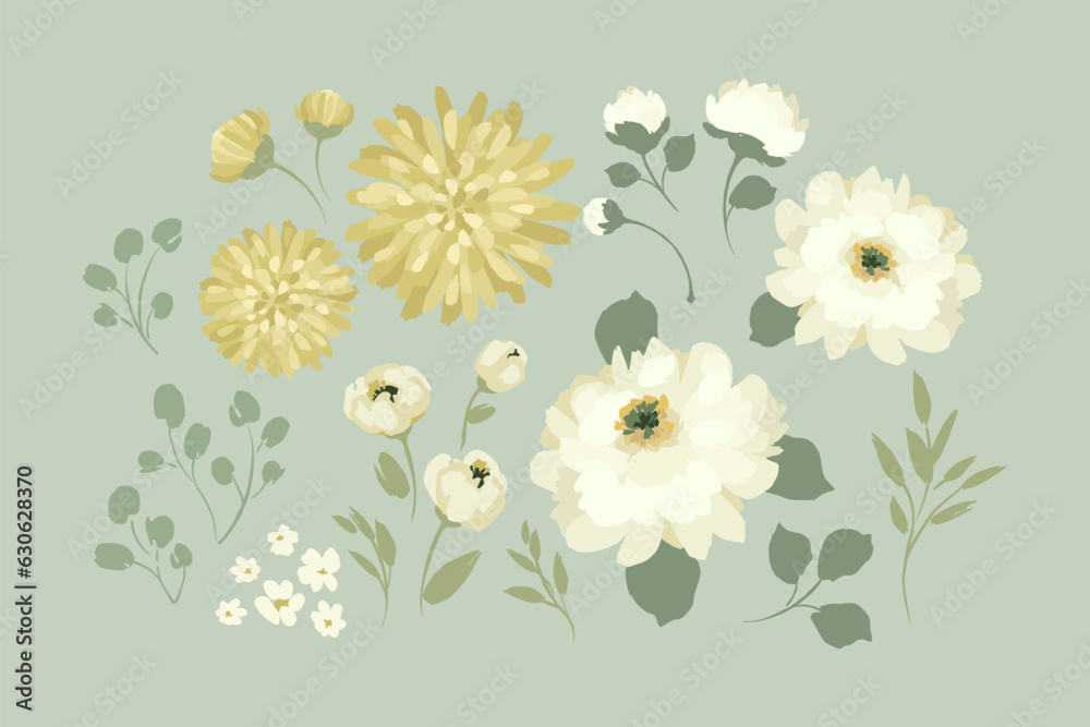 Set of abstract floral design elements. Leaves, flowers, grass, branches. Vector