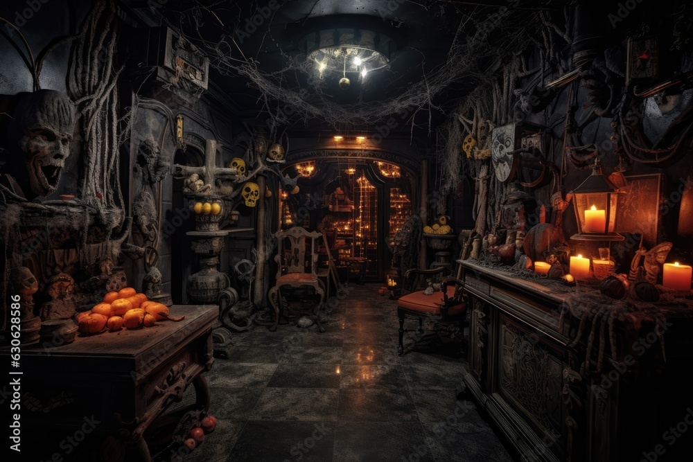 Halloween-themed escape room, challenging participants to solve puzzles and mysteries in a haunted setting - Generative AI