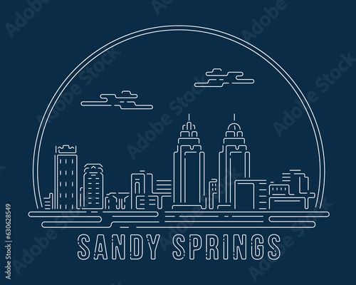 Sandy, Springs - Cityscape with white abstract line corner curve modern style on dark blue background, building skyline city vector illustration design