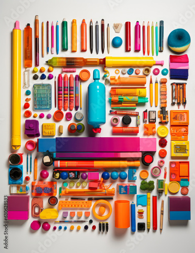School creative concept, pastel colors, school equipment ready for school bag, backpack. Pencils, erasers, crayons.