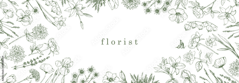 Flower Shop. Florist. Hand-drawn illustration of flowers. Ink. Vector