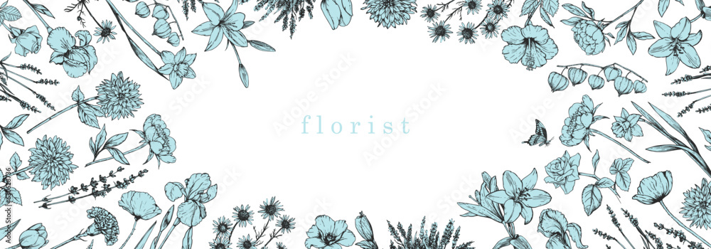 Flower Shop. Florist. Hand-drawn illustration of flowers. Ink. Vector Flower Shop. Florist. Hand-drawn illustration of flowers. Ink. Vector