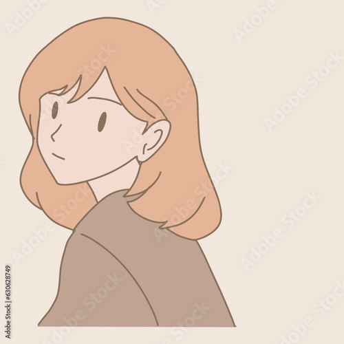 Young woman looking over shoulder, looking back. Hand drawn flat cartoon character vector illustration.