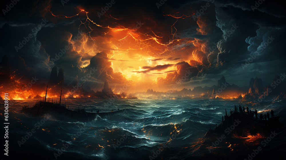A stormy sky with multiple lightning strikes represents a severe storm. Generative Ai A stormy sky with multiple lightning strikes represents a severe storm. Generative Ai