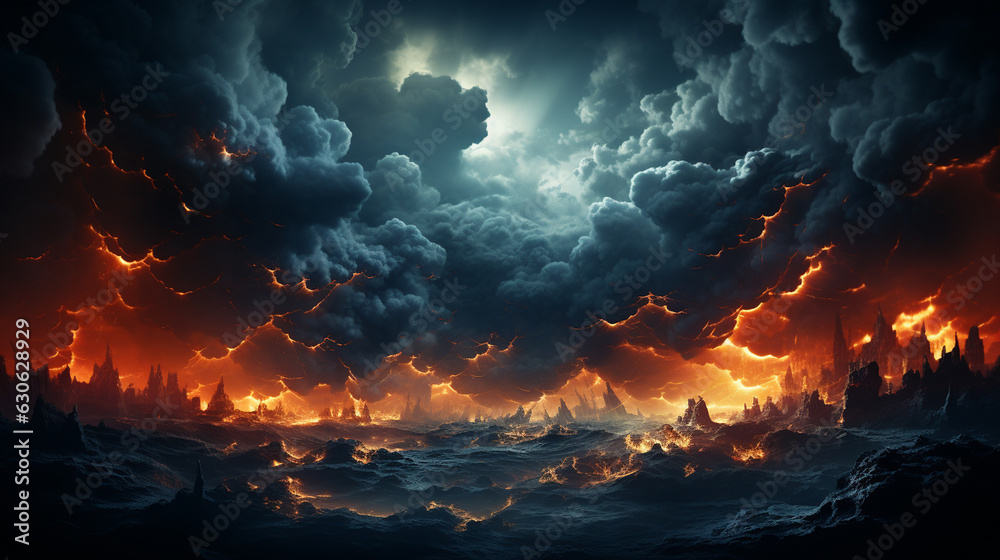 A stormy sky with multiple lightning strikes represents a severe storm. Generative Ai A stormy sky with multiple lightning strikes represents a severe storm. Generative Ai