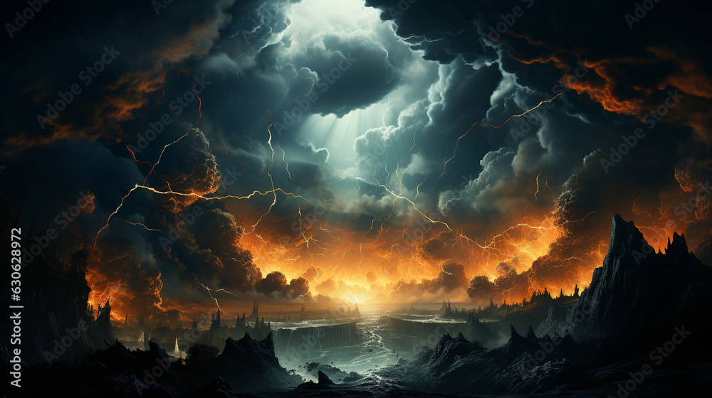 A stormy sky with multiple lightning strikes represents a severe storm. Generative Ai
