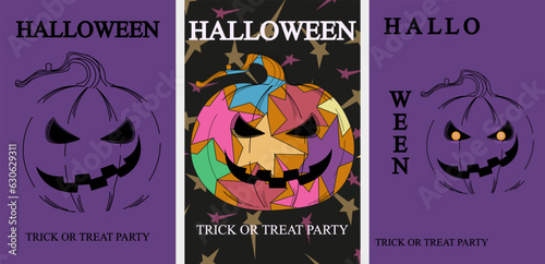 Set of Funky Halloween card with Jack lantern in Trendy Y2K retro style. Avant-garde Halloween concept for banners, posters, cards. Vector illustration in modern Groovy style.