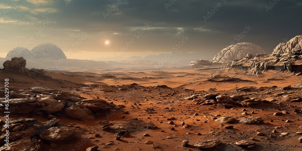 AI Generated. AI Generative. Mars planet galaxy surface landscape desert mountain outdoor landscape. Graphic Art