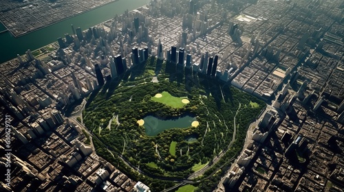 Bird's Eye Drone Satellite Photo of Central Park, Manhattan. New York. AI Generative