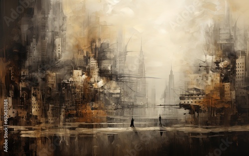 abstract painting style illustration of urban cityscape in misty fog, Generative Ai © QuietWord