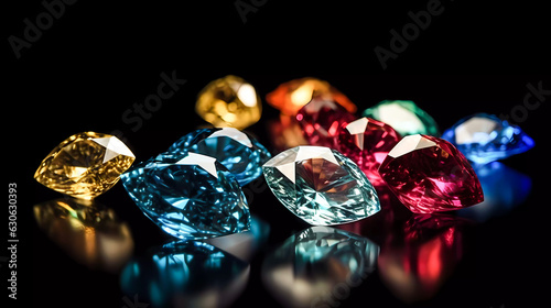 isolated colored diamonds with light reflections, on a black background. Generative AI technology.