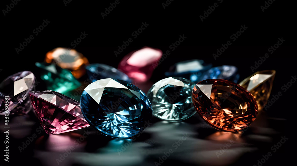 isolated colored diamonds with light reflections, on a black background. Generative AI technology. isolated colored diamonds with light reflections, on a black background. Generative AI technology.