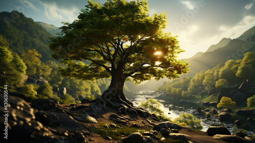 Green tree and sunlight. Generative ai