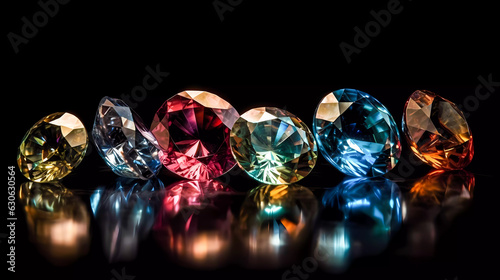isolated colored diamonds with light reflections, on a black background. Generative AI technology.