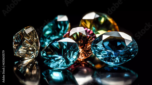 isolated colored diamonds with light reflections  on a black background. Generative AI technology.