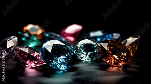 isolated colored diamonds with light reflections  on a black background. Generative AI technology.