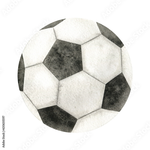 Soccer ball. Football ball. Watercolor hand drawn illustration. Isolated. Sports equipment. For football club  sporting goods stores  poster and postcard design