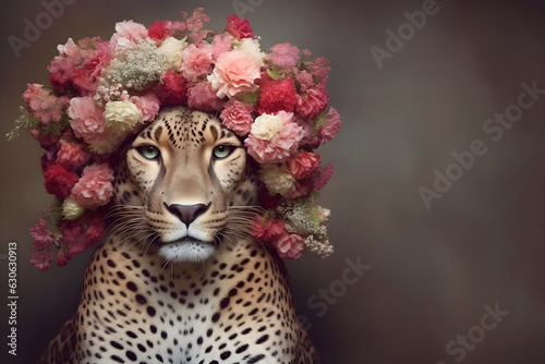 Animal Nature Concept. Jaguar animal wearing a crown of floral fresh pastel spring wreath flowers  commercial  editorial advertisement  surreal surrealism. copy space
