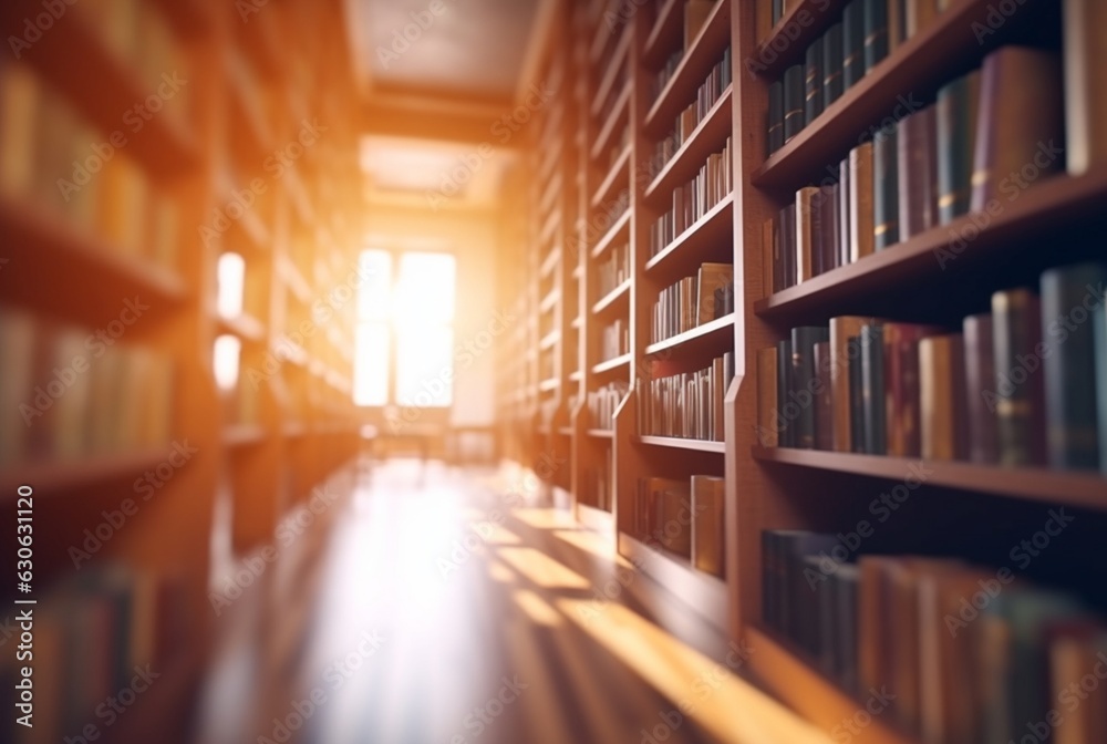 Abstract empty college library interior room. Blurred classroom with bookshelves with defocus effect. generative ai