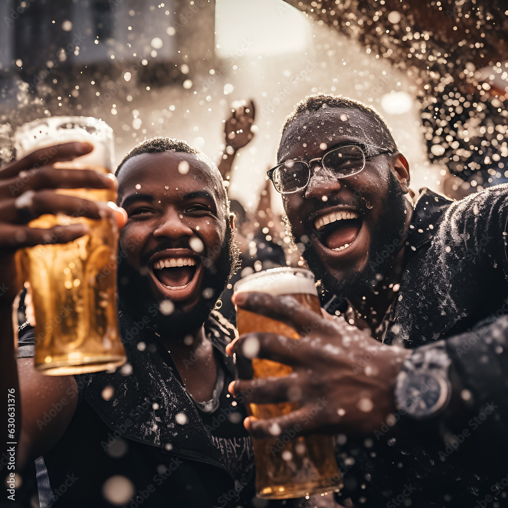 Friends toasting with beer at a party. Friends toasting with beer at a party.
