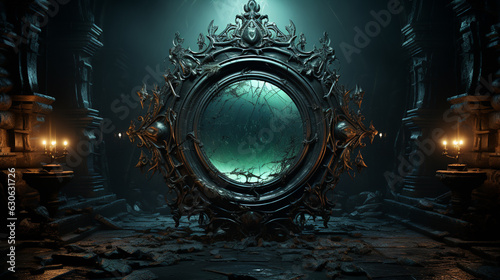 Mystical gothic mirror, dark gloomy background. Generative Ai