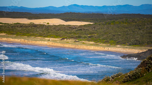 panorama of new south wales coast in hat head national park; green hills coverd with juicy grass by the ocean, beautiful beach surrounded by cliffs in australia, o'connors beach in hat head