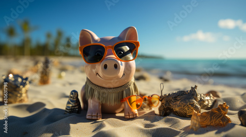 Piggy bank wearing sunglasses at the beach, save money for vacation concept. Generative Ai © andranik123