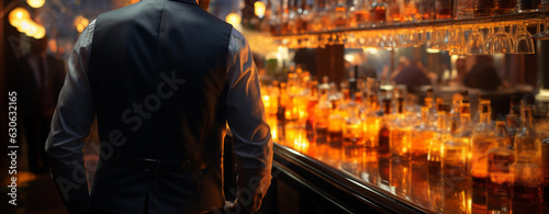 Rear view of young bartender standing at bar counter. Generative Ai © andranik123