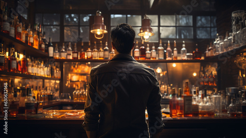 Rear view of young bartender standing at bar counter. Generative Ai