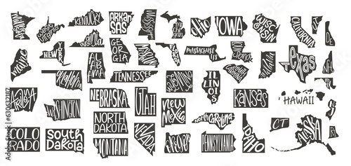 USA state set of text map for print design. Vector graphic design. Typography map. Icon vector. Vintage modern poster typography. USA state name. United States of America with text state names