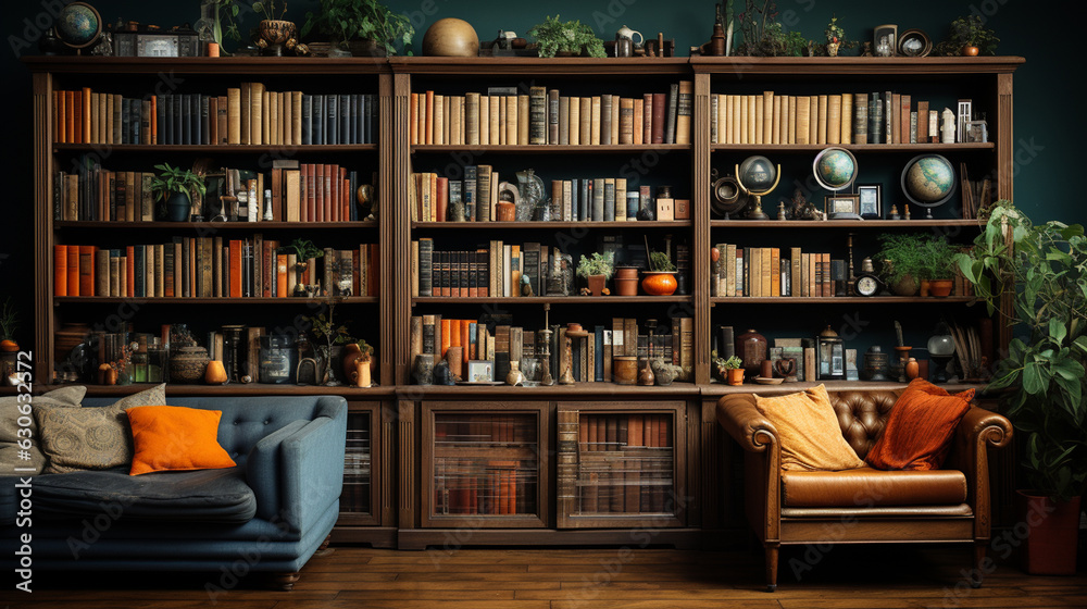 Arranged bookshelves in a beautiful room. Generative Ai Arranged bookshelves in a beautiful room. Generative Ai
