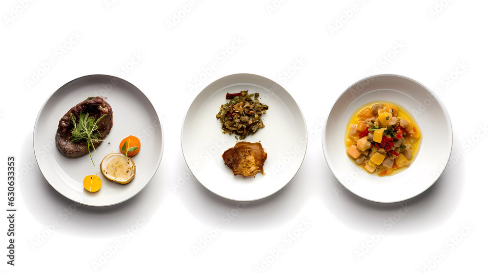 isolated food in plates. top down view, white background. Generative AI technology. isolated food in plates. top down view, white background. Generative AI technology.