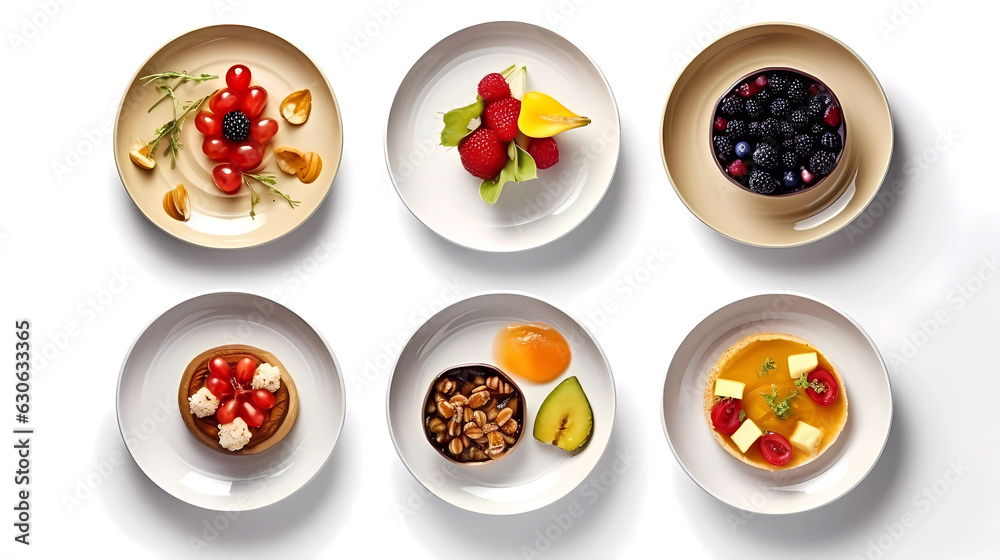 isolated food in plates. top down view, white background. Generative AI technology. isolated food in plates. top down view, white background. Generative AI technology.