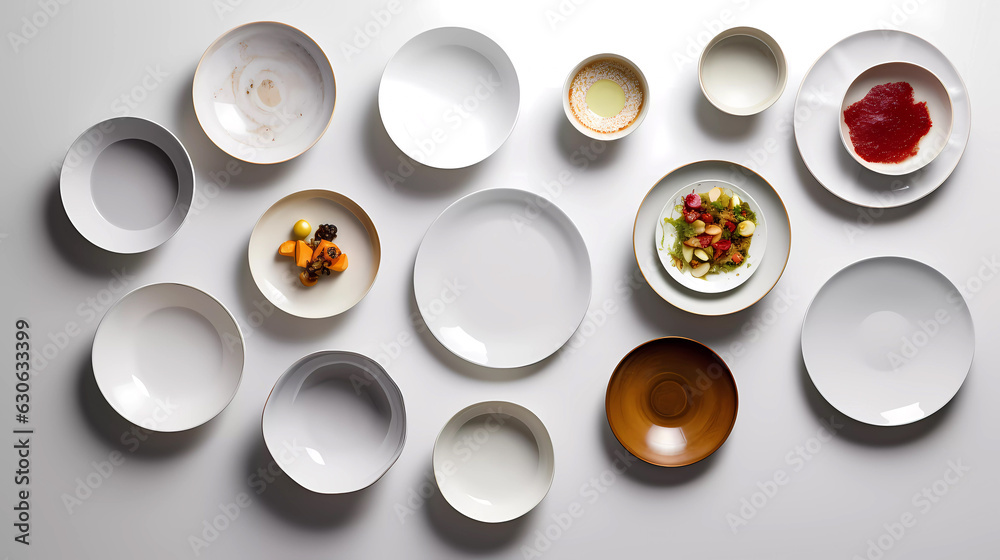 isolated food in plates. top down view, white background. Generative AI technology. isolated food in plates. top down view, white background. Generative AI technology.