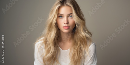 A young female model with blond long hair, with awareness, concern and sensibility feel.  