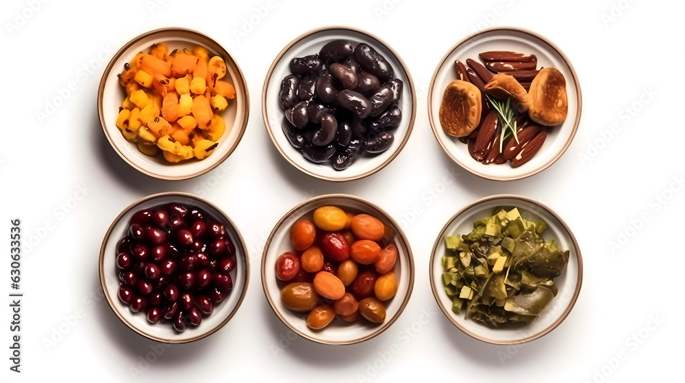 isolated food in plates. top down view, white background. Generative AI technology. isolated food in plates. top down view, white background. Generative AI technology.