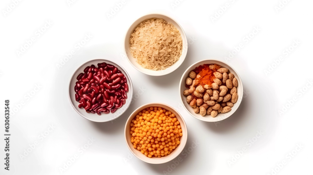 isolated food in plates. top down view, white background. Generative AI technology. isolated food in plates. top down view, white background. Generative AI technology.