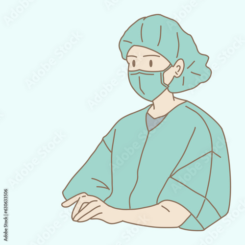 Female surgeon in operating , wearing face mask and disposable bouffant cap. Hand drawn flat cartoon character vector illustration.