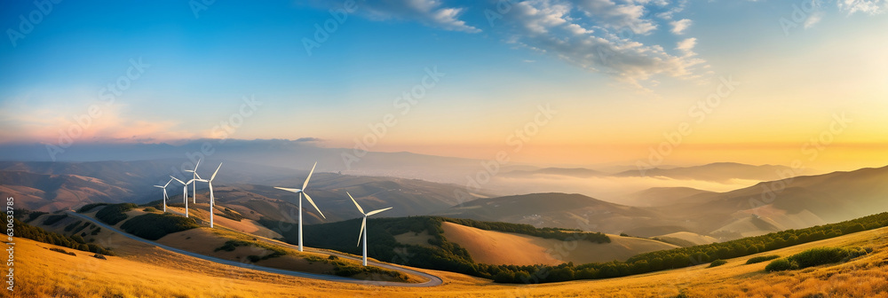 Wind turbines in an open field with bright sky - Sustainability green energy
