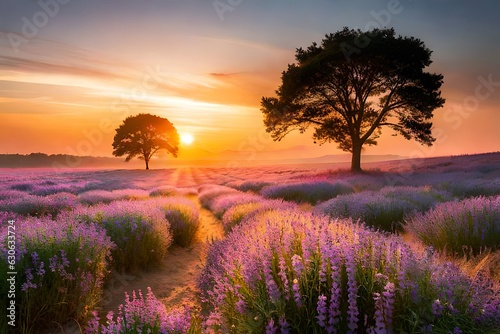 Sunset at lavender field dreamy nature background.