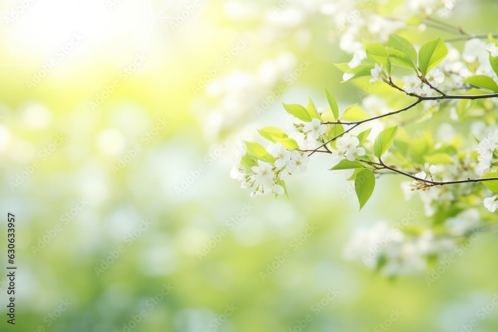 Flowering branches of plants on a fuzzy nature background. Fresh, light green tree leaves outside in the summer sun. Close-up, room for text, and banner