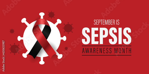 September is Sepsis Awareness Month web banner. Social media poster. Featuring red and black ribbon with text.