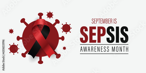 September is Sepsis Awareness Month web banner. Social media poster. Featuring red and black ribbon with text.