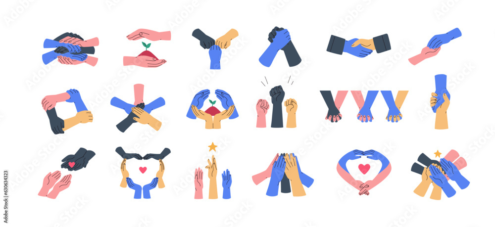 Hands groups holding together. Care, support concept. Fists up, palms stack, group greeting, handshake, team making heart, circle shape. Flat graphic vector illustrations isolated on white background